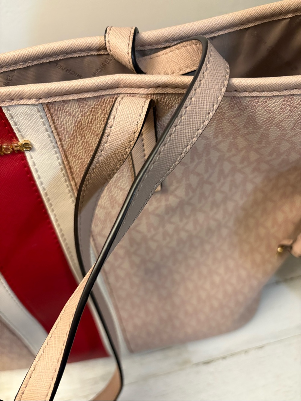 Michael Kors Pink Tote with Red & Cream Center Stripe - Picture 8 of 10